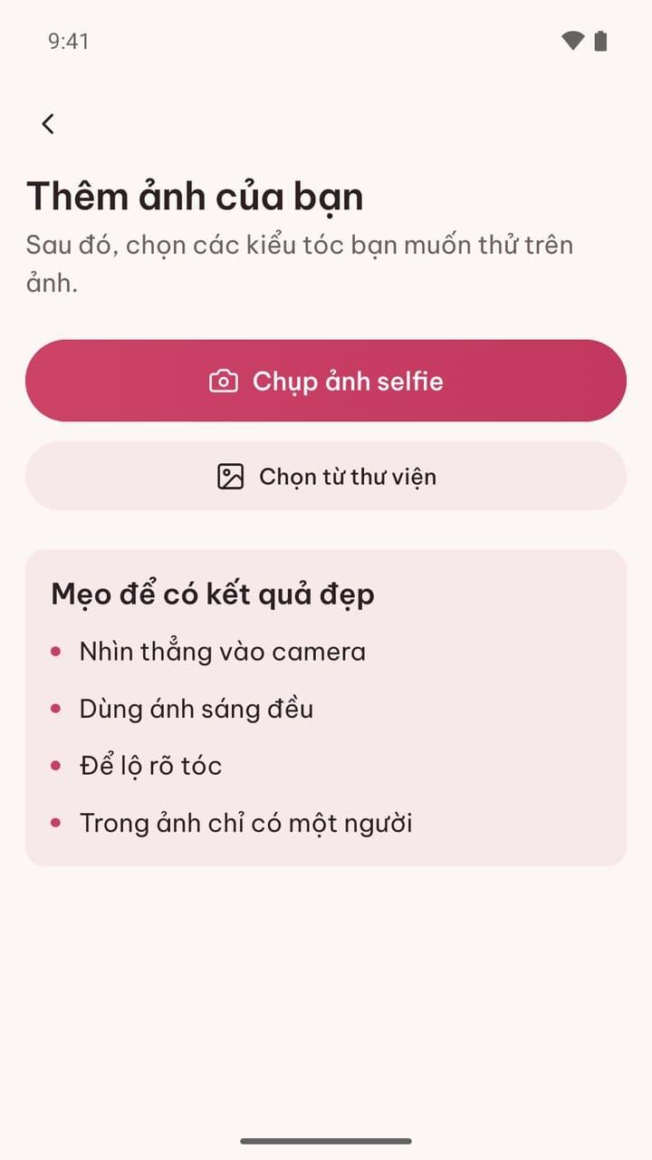 Add photo screen: take a selfie, pick from library, and tips for a good result
