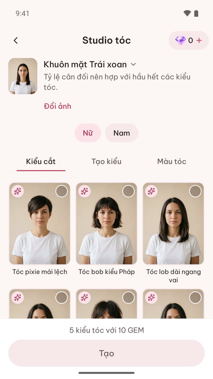 Hair studio: women or men, cut, style and colour tabs, and a grid of sample styles