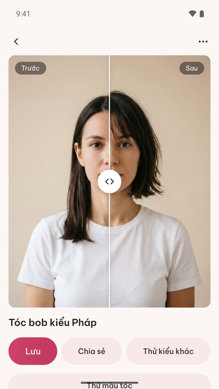 Result screen: before/after slider with a French bob, plus Save, Share and Try another style buttons