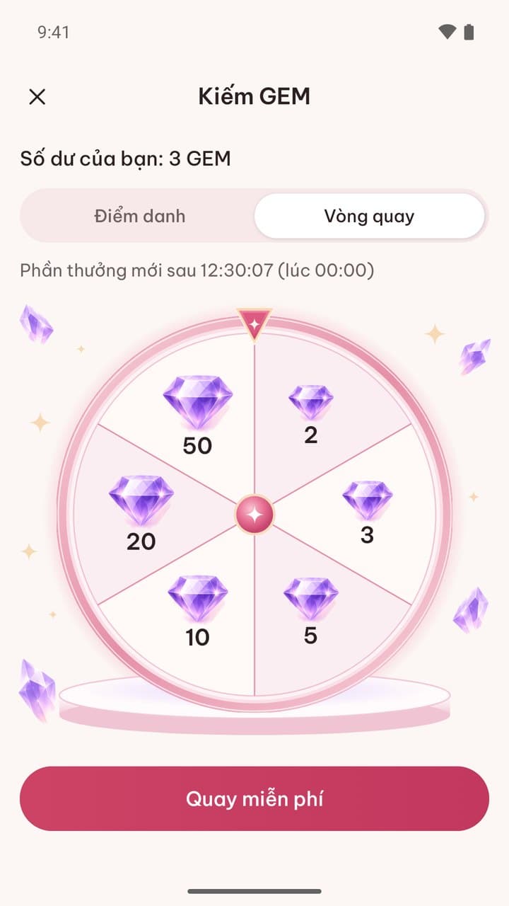 Earn GEM screen: daily check-in and a free wheel spin