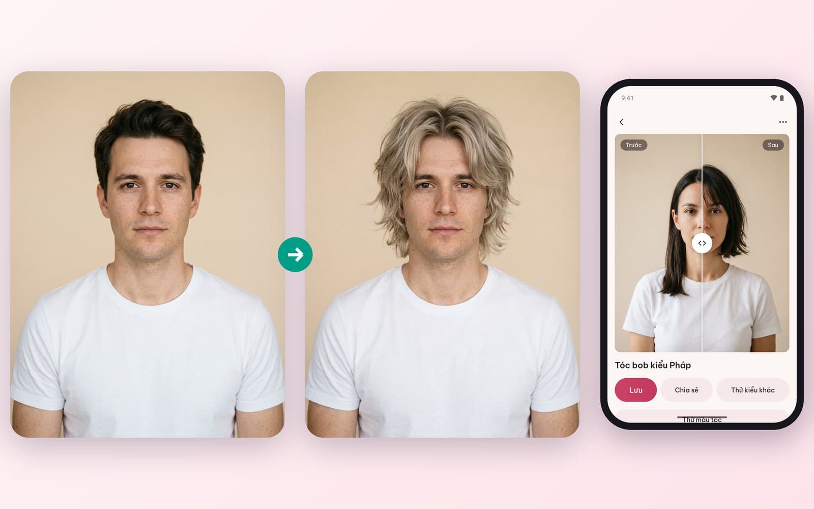 Original photo of a male model with short hair, the result of the same person with long ash-blonde hair, and the before/after screen in the app