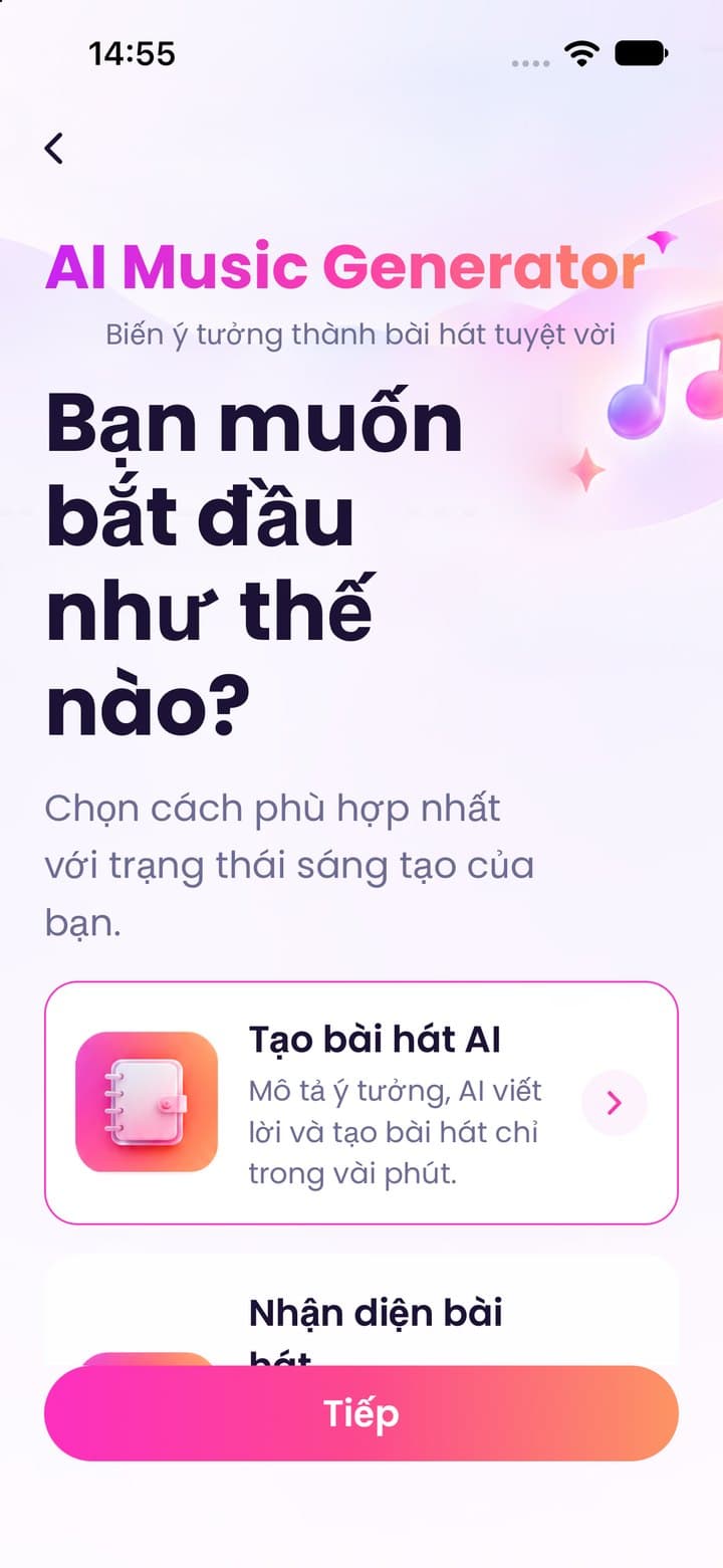 Start screen: choose how to create, including AI song creation and song recognition