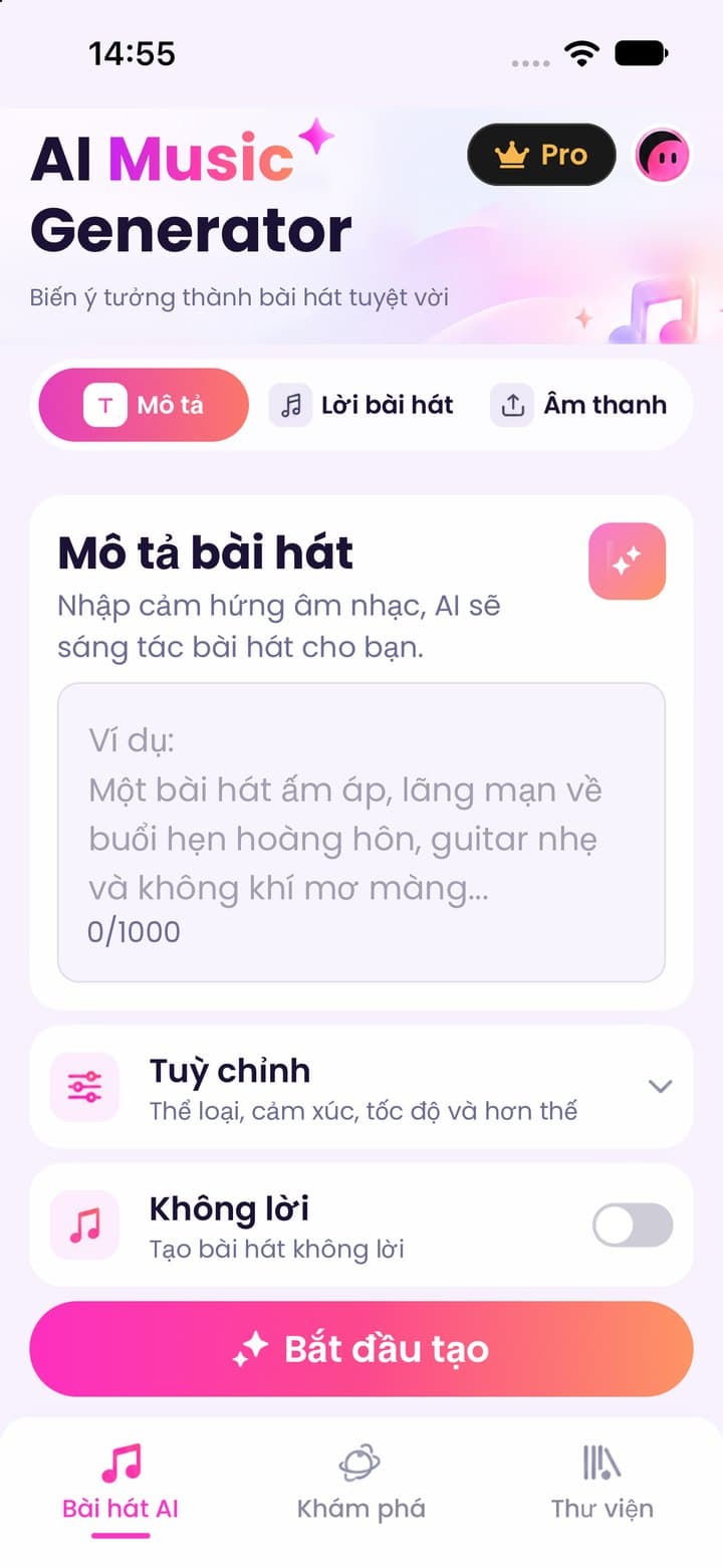 Create screen: song description box up to 1,000 characters, genre, mood and tempo options, an instrumental toggle and the Start Creating button