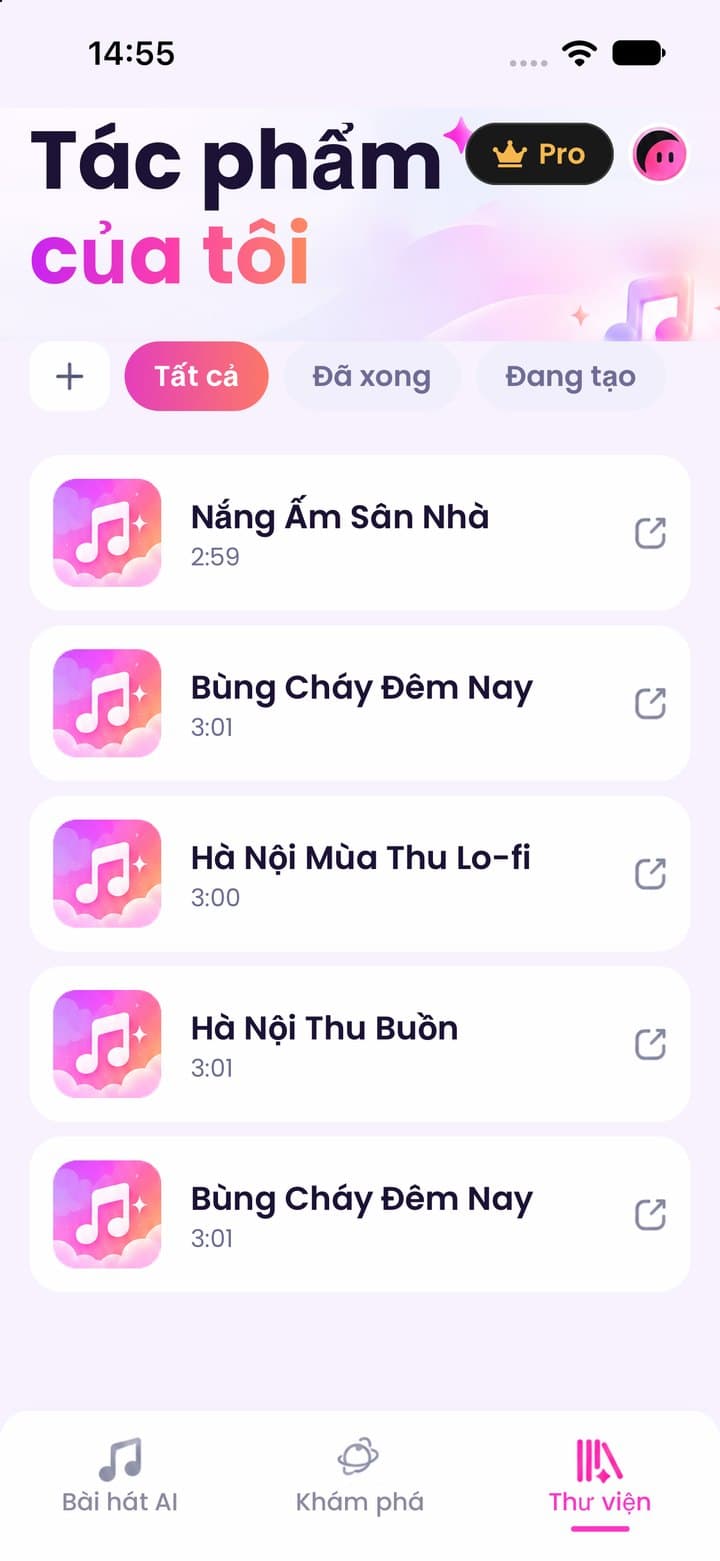My Works library: created songs, filtered by done and in progress