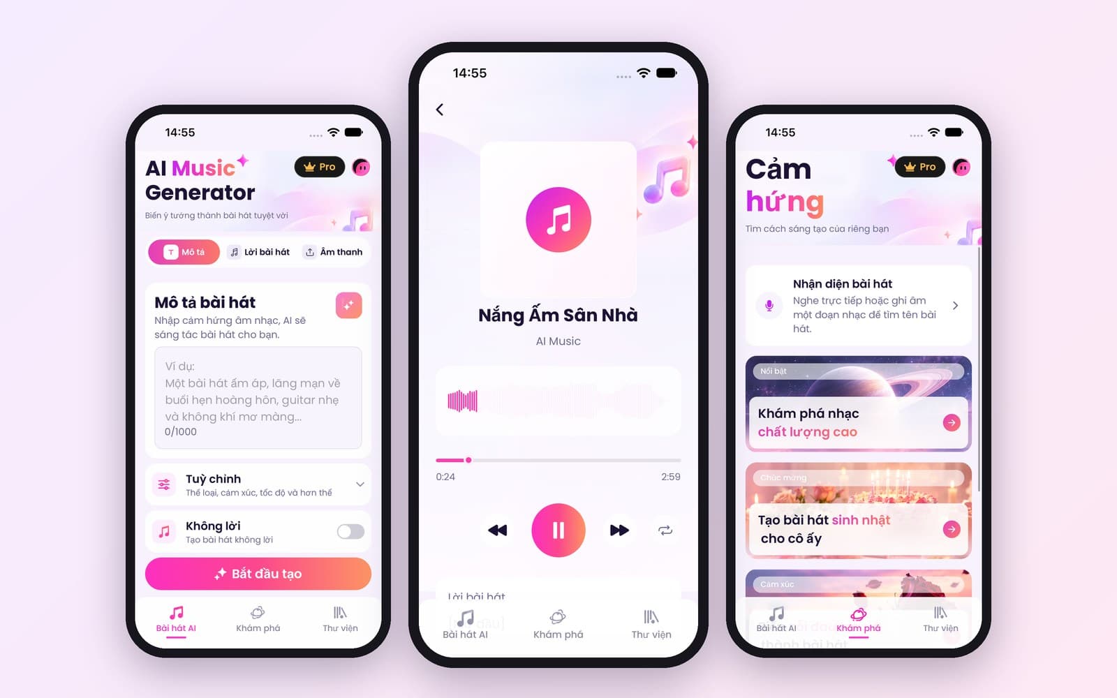Three app screens: describing a song to create, the player playing a track, and the Inspiration page