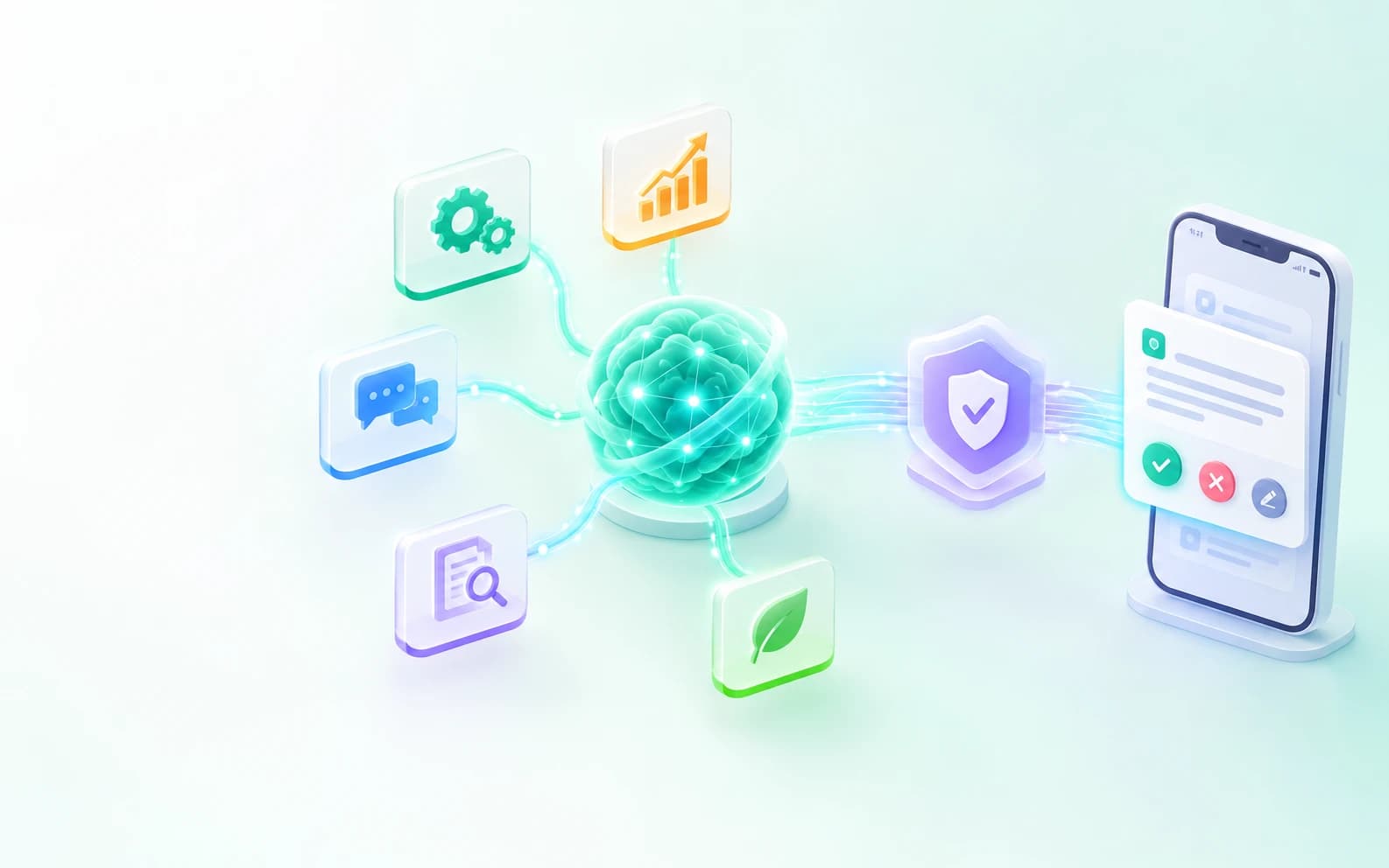 Illustration — a central AI core receives data from operations, revenue, customer service, audit and ESG agents; proposals pass an AI Constitution check before reaching a phone for human approval